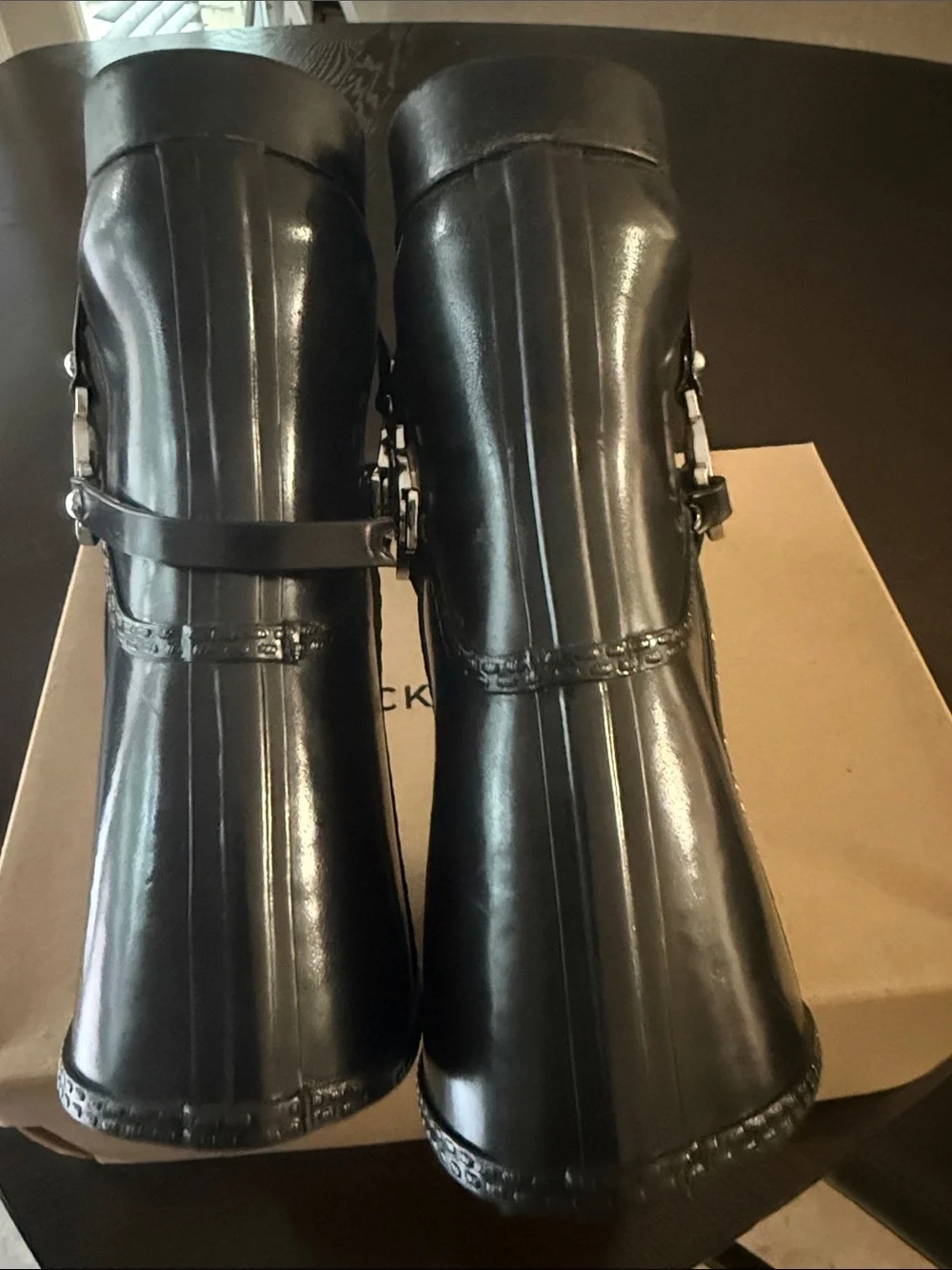 Michael Kors Fulton Harness Black Leather Harness Ankle Rain Boots